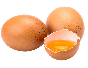 Three brown eggs, one cracked open revealing the yolk, against a solid black background, natural lighting