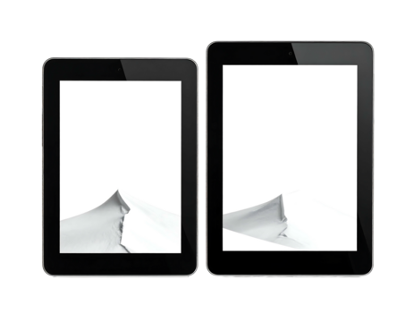 Two black tablets with white screens and a gray abstract design on the bottom of the screens, isolated on black