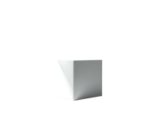Minimalist white cube with soft lighting against a stark black background