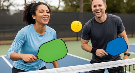 close-up Laughing couple playing pickleball game, hitting a pickleball yellow ball with a paddle, outdoor sport leisure activities