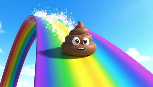 a happy poop emoji slides down vibrant rainbow