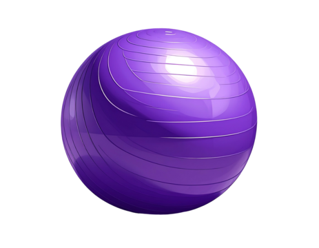 Purple exercise ball with horizontal indented rings, illuminated with gradient lighting, isolated on a black background