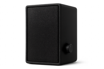 Black audio speaker with volume knob on transparent background