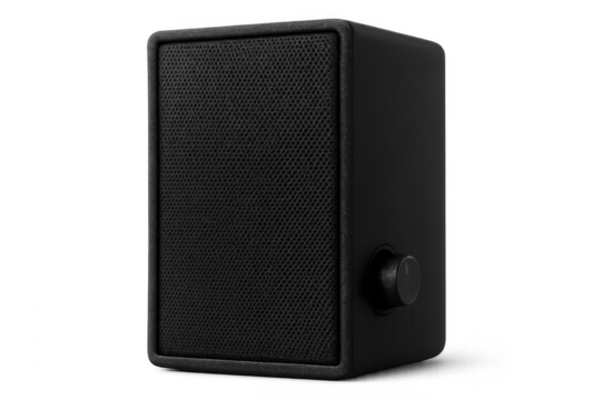 Black audio speaker with volume knob on transparent background
