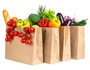 Three brown paper bags are filled with a variety of colorful vegetables and fruit on a transparent background