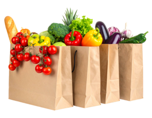 Three brown paper bags are filled with a variety of colorful vegetables and fruit on a transparent background