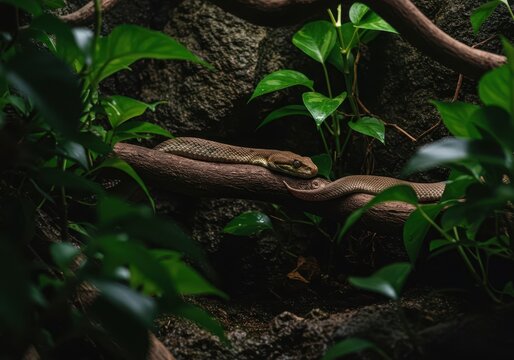 Habitat tropical ferm? pour reptile. Le serpent est cach? parmi la v?g?tation, les branches, et les roches, n?cessitant une forte humidit? ,couleuvre ,animal ,serpent