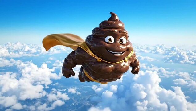 superhero poop emoji character flying high in sky