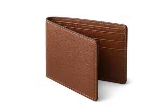Brown leather bifold wallet standing open on transparent background