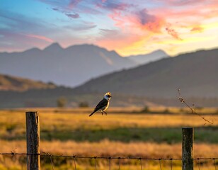 A perched bird on a fence against a vibrant sunset
