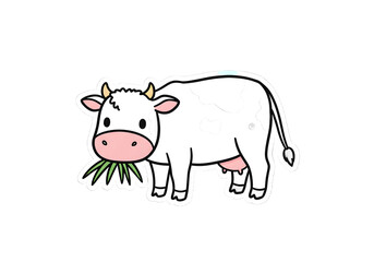 Obraz premium Cute Cartoon Cow Eating Grass Sticker png clear alpha channel cutout isolated on transparent background