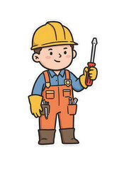 Fototapeta premium Cute Cartoon Construction Worker Holding Screwdriver png clear alpha channel cutout isolated on transparent background
