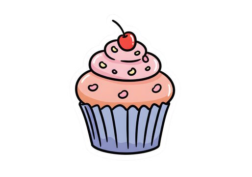 Cute Cartoon Cupcake with Cherry and Sprinkles Sticker png clear alpha channel cutout isolated on transparent background