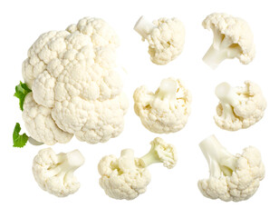 Overhead shot of cauliflower head and florets against a black backdrop