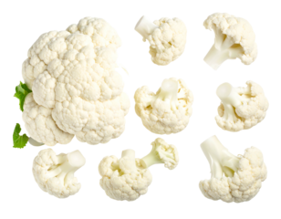 Overhead shot of cauliflower head and florets against a black backdrop