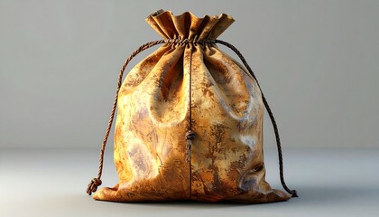 A realistic, leather-like drawstring bag with a neutral background