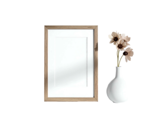 Mockup Empty wooden frame stands next to a petite vase with flowers against stark black backdrop