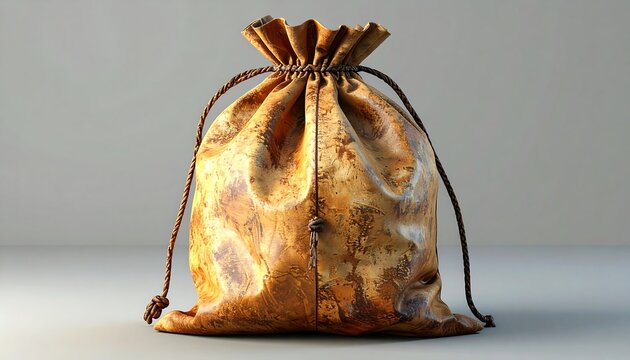 A realistic, leather-like drawstring bag with a neutral background