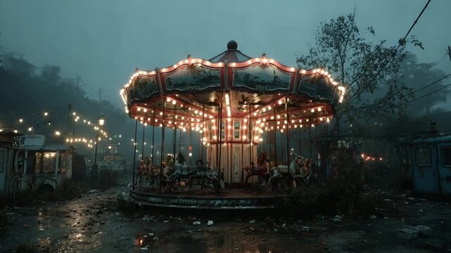 Abandoned carousel in misty forest at night