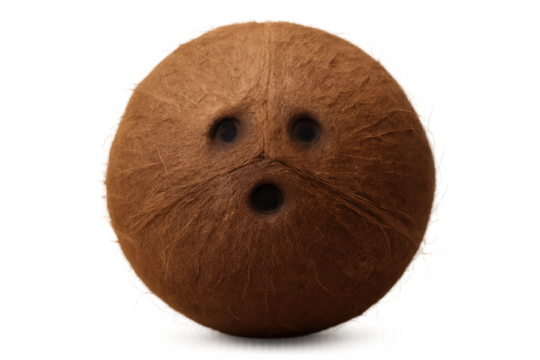Coconut expressing surprise with face like holes on transparent background