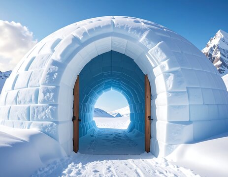 A snow-covered igloo with wooden door frames and a vista