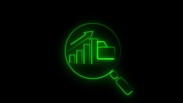A magnifying glass highlights a declining bar graph beside a file folder with a downwardpointing arrow above the graph 4k animation and black bakground ..
