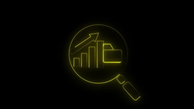 A magnifying glass highlights a declining bar graph beside a file folder with a downwardpointing arrow above the graph 4k animation and black bakground ..