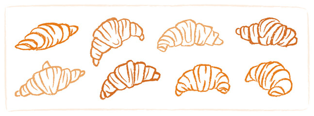 Croissants with textured crayon effect. Sketch of croissants isolated on white background. Vector illustrations for bakery designs.