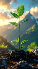 A tiny green sprout emerges from earth against mountain and sky