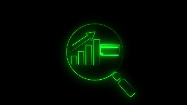 A magnifying glass highlights a credit card downward graph suggesting financial analysis or decline 4k animation and black bakground ..