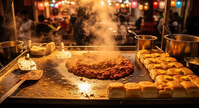 Street food vendor preparing pav bhaji on a large griddle with buns and spices at night