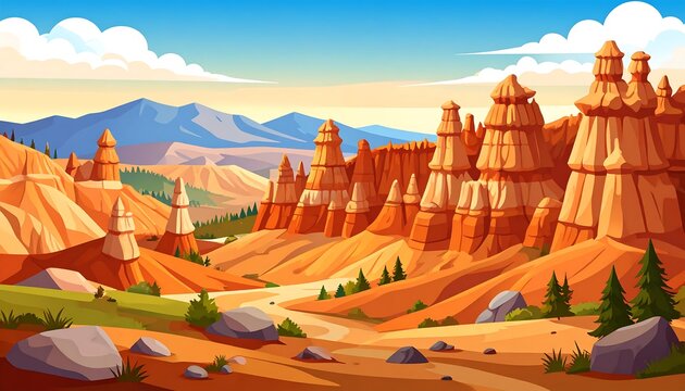 A scenic landscape painting with tall rock formations, blue sky, and clouds