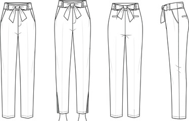 Women paper bag waist pants with bow belt, elegant trousers fashion technical flat sketch front and back, cad drawing flat vector illustration