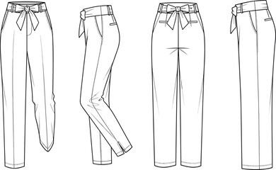 Women high waist pants with belt, fashion trousers template front and back view, elegant clothing design, cad drawing flat vector illustration