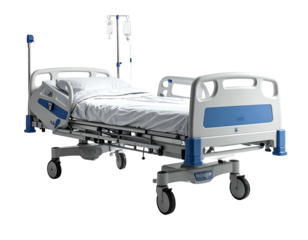Modern adjustable hospital bed with white linens and blue accents, on a black background, angled perspective, clean