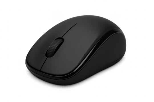 Black wireless computer mouse with scroll wheel capturing technology