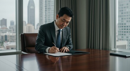 negotiation discussion agreement compromise business concept. Businessman writing notes at a desk with a city skyline view.
