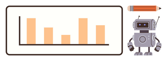 Robot stands beside bar graph and pencil, combining technology, analytics, creativity, and automation. Ideal for data visualization, artificial intelligence, education, technology productivity