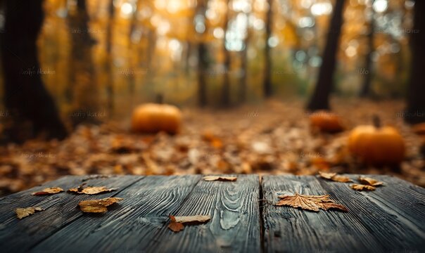 Wooden table in an autumn forest setting covered with fallen leaves and a blurred background featuring pumpkins and trees in soft, warm lighting.