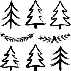 Obraz premium Hand drawn pine trees and branches evergreen pine needle