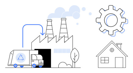 Recycling truck entering factory with smoke stacks, cogwheel symbolizing industry, and nearby house. Ideal for recycling, waste management, industry, sustainability, urban planning, eco-living