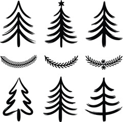 Obraz premium Hand drawn pine trees and branches christmas trees