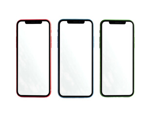 Three cellphones with blank screens, red, blue, and green frames, arranged in a row, on a black background