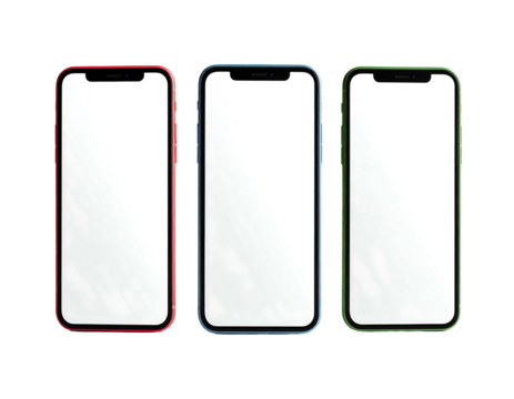Three cellphones with blank screens, red, blue, and green frames, arranged in a row, on a black background