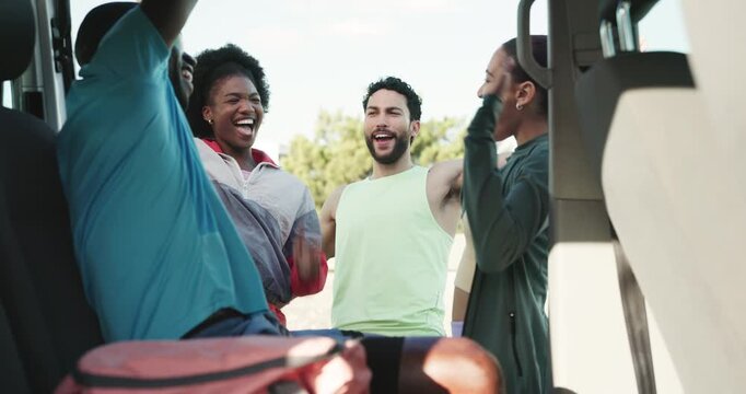 Car, huddle and motivation with runner friends outdoor together for fitness or sports training. Exercise, hand stack and success with group of people at vehicle for start of cardio or workout routine