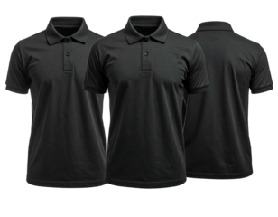 Three identical black polo shirts are arranged in a row, angled, showcased against a dark background