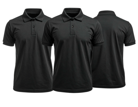 Three identical black polo shirts are arranged in a row, angled, showcased against a dark background