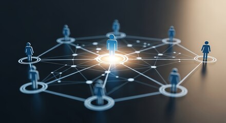 Glowing figure at the center of a connected digital web, illustrating Social Network structure and Global Connection. Concept of communication, influence, business leadership, and community.