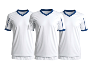 Three identical white t-shirts with blue trim, neatly aligned on a black backdrop, front view, studio lighting