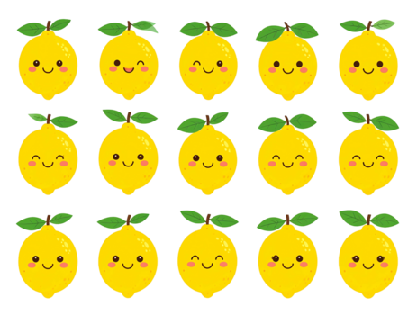 Rows of cheerful cartoon lemons with varied expressions and bright yellow color against a black background